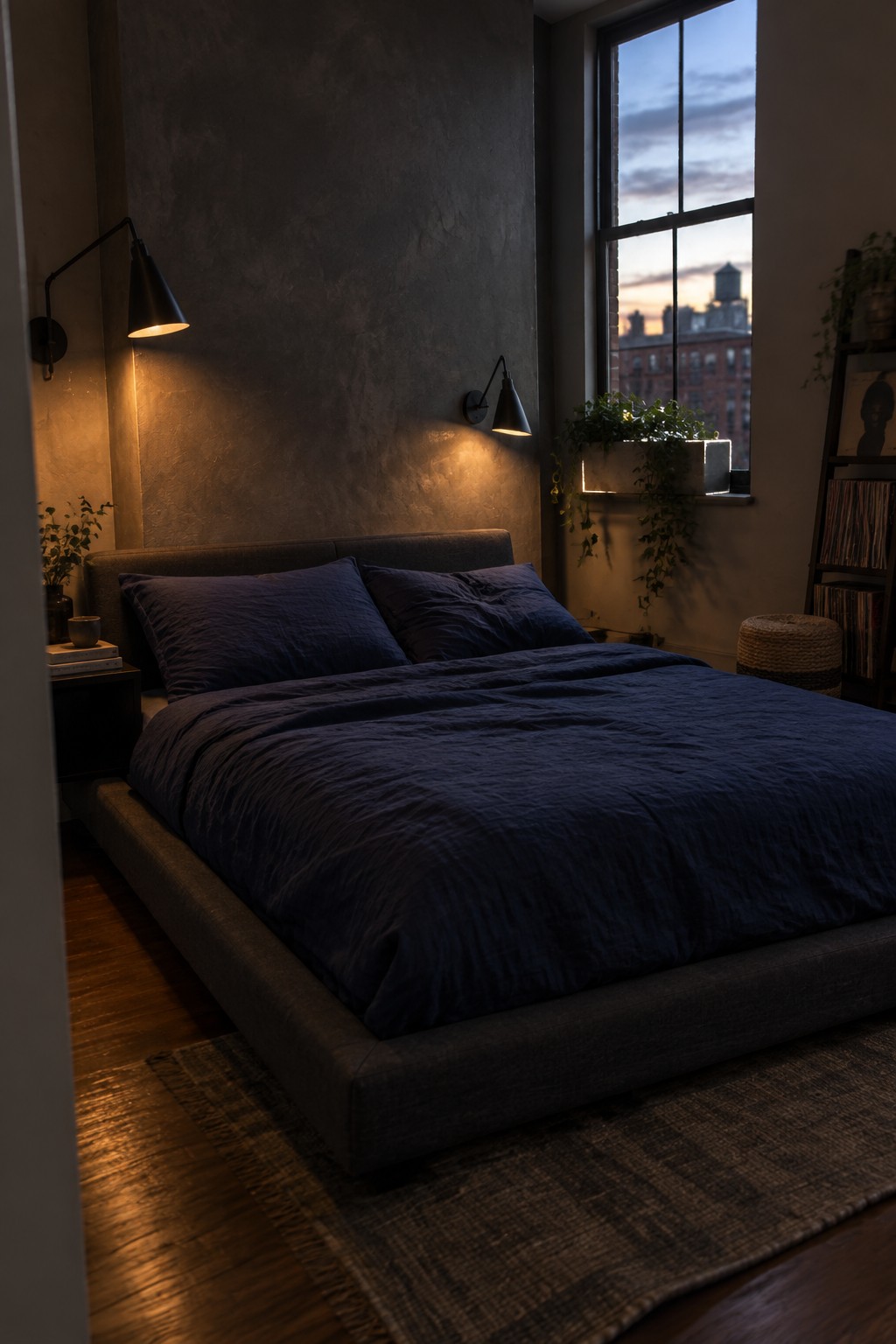 A modern bedroom features a low-profile gray bed with dark blue bedding, two black wall sconces on a textured gray wall, a large window with a city view at dusk, and a woven rug on wood flooring.