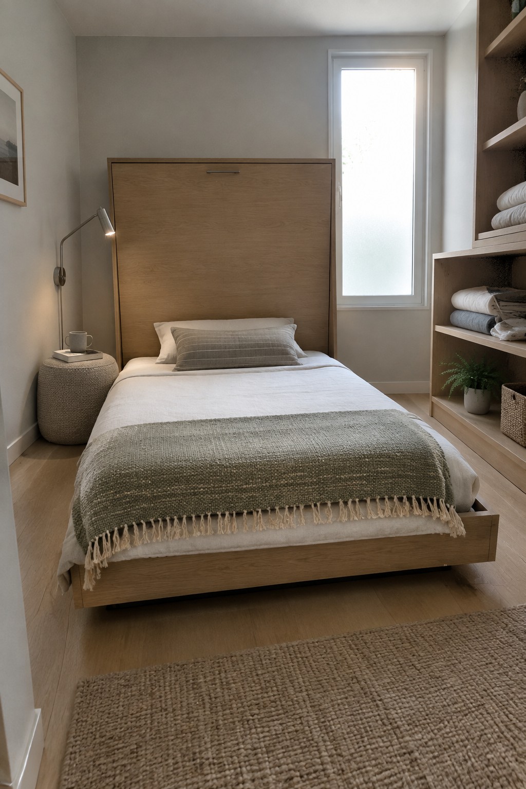 Minimalist light wood bedroom with white linens, green fringed throw, and built-in shelves