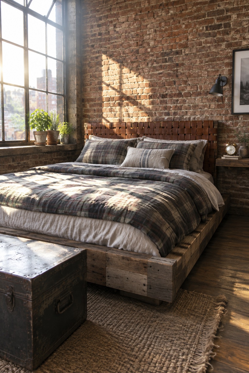 Rustic loft bedroom with wooden bed, plaid bedding, brick wall, and sunlit window