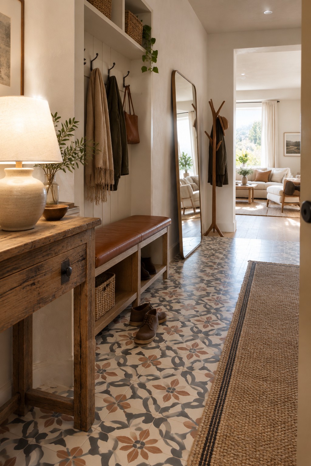 Rustic entryway with leather bench, full-length mirror, coat hooks, patterned tiles, and wooden console.