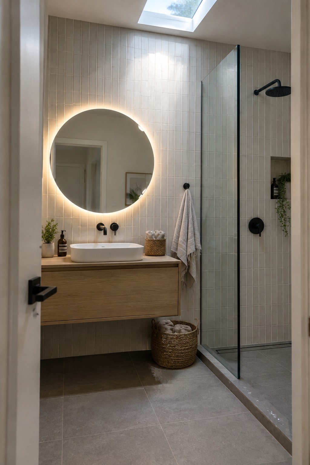 A modern bathroom with a round backlit mirror above a floating light wood vanity, white vessel sink, and a glass-enclosed shower on the right.