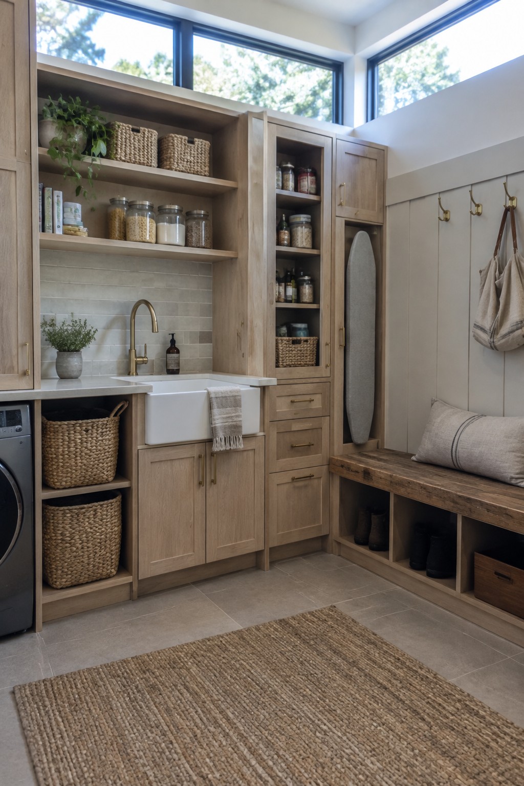 Modern mudroom with light wood cabinets, white sink, storage bench, and woven rug.