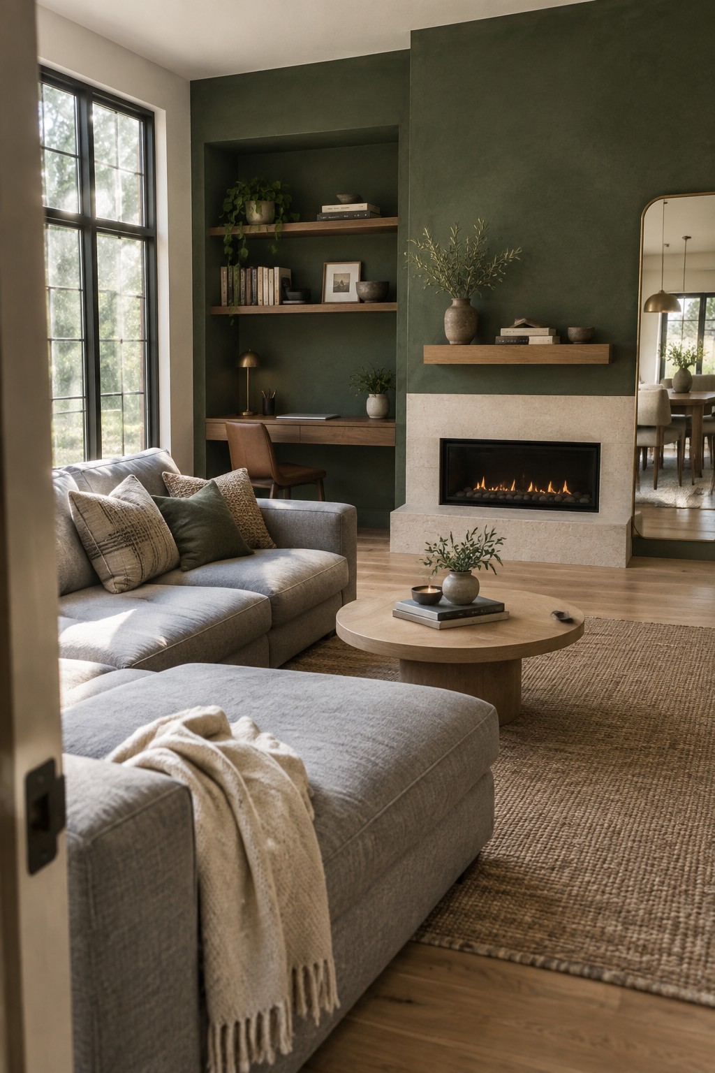 A modern living room with a gray sectional sofa facing a round wooden coffee table, a fireplace with stone surround on a dark green wall, and built-in wooden shelves above a desk area next to a large window.