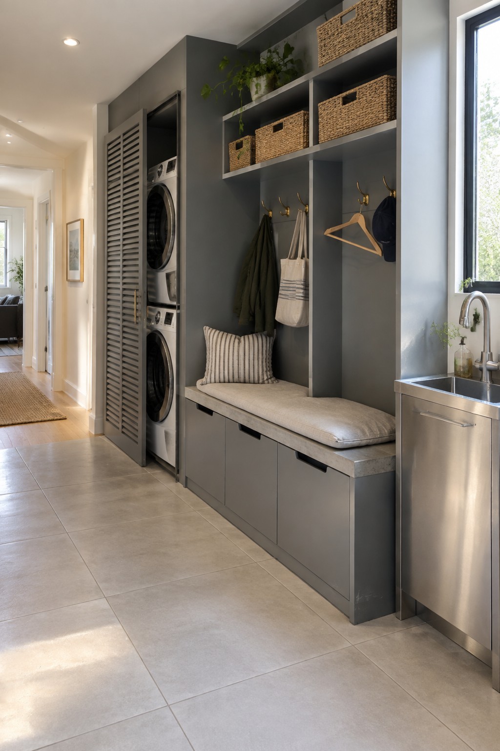 A modern interior mudroom with gray built-in cabinetry, a long cushioned bench, brass hooks, open shelves holding woven baskets, stacked washer and dryer behind louvered doors, and a stainless steel sink on the right.