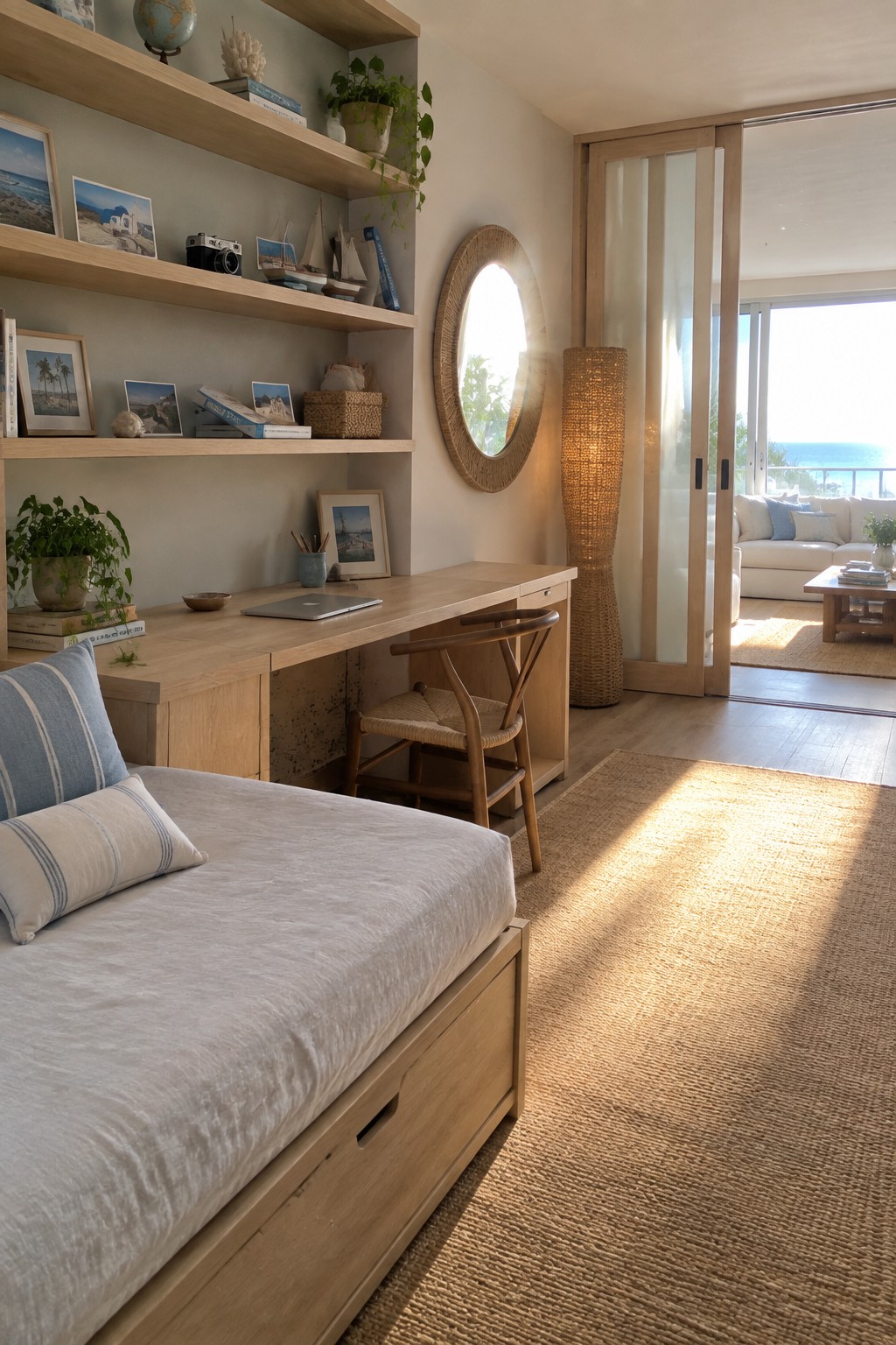 A bedroom with a wooden bed, desk and chair, wall shelves holding books and photos, a round mirror, and sliding doors open to a living room with a view of the ocean.