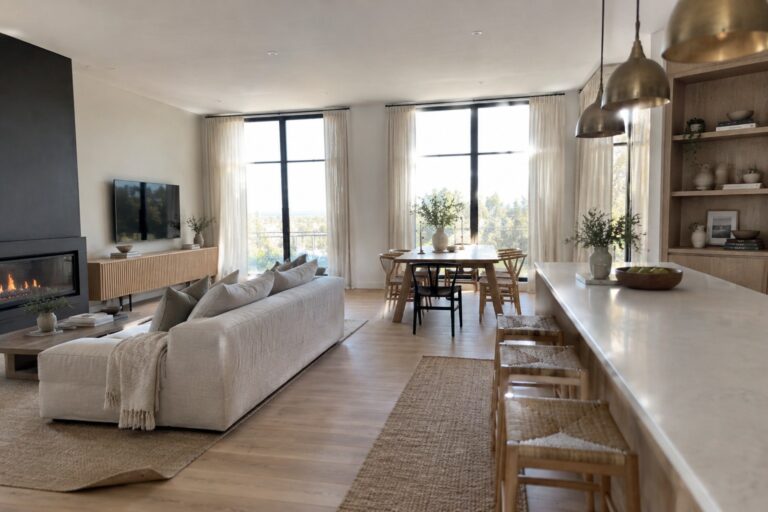 Modern living room with beige sofa, kitchen island, woven stools, and dining area