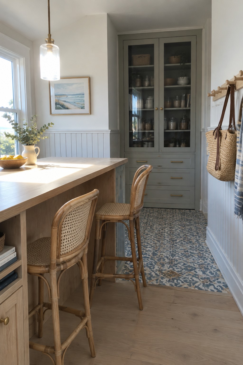 A kitchen interior with a light wood peninsula, two rattan bar stools, a gray glass-front cabinet, and a blue patterned runner on light wood flooring.