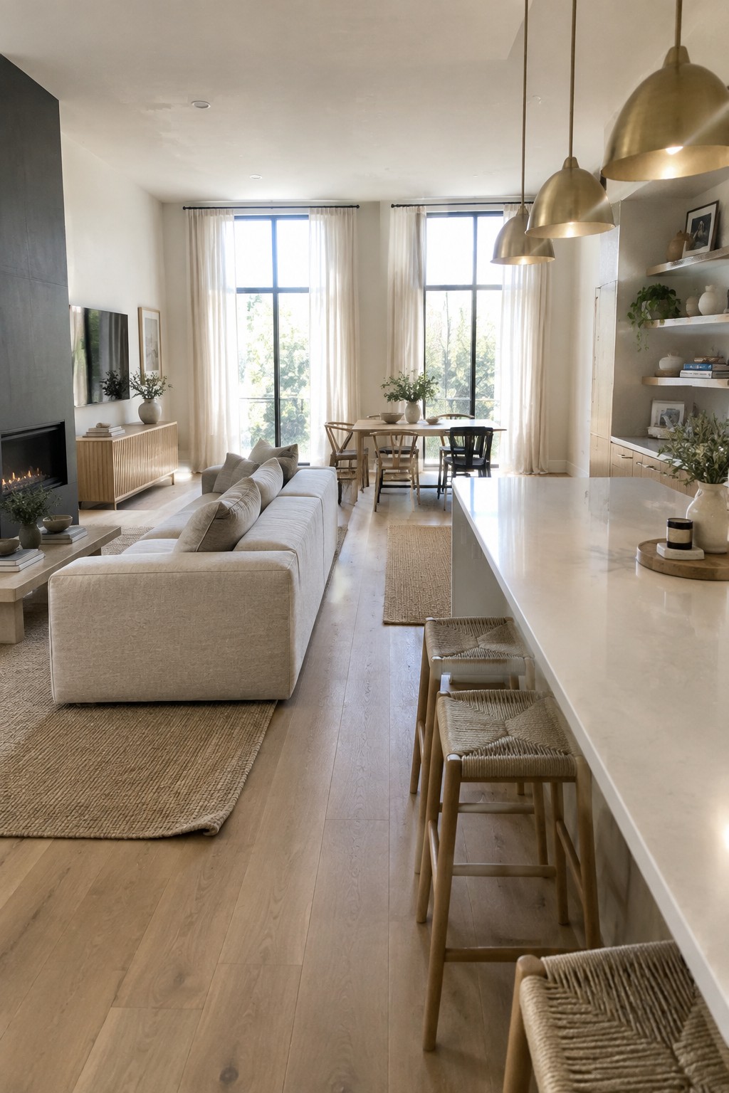 Modern living room with beige sofa, kitchen island, woven stools, and dining area