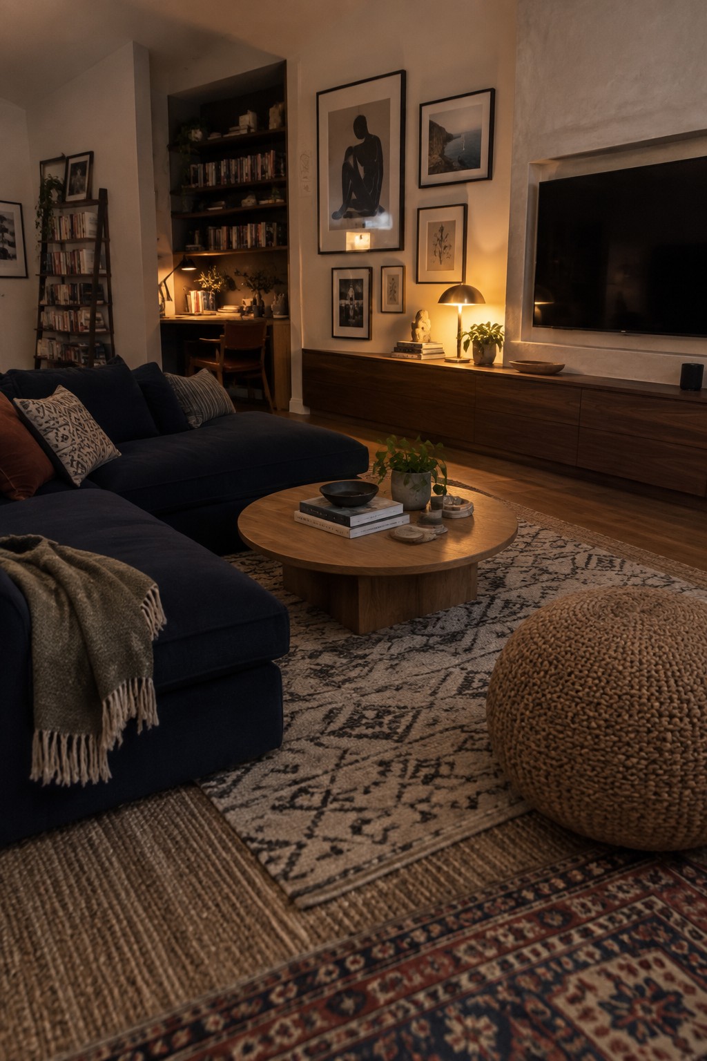 A living room with a blue sectional sofa on layered rugs, a round wooden coffee table, and built-in bookshelves visible in the background.