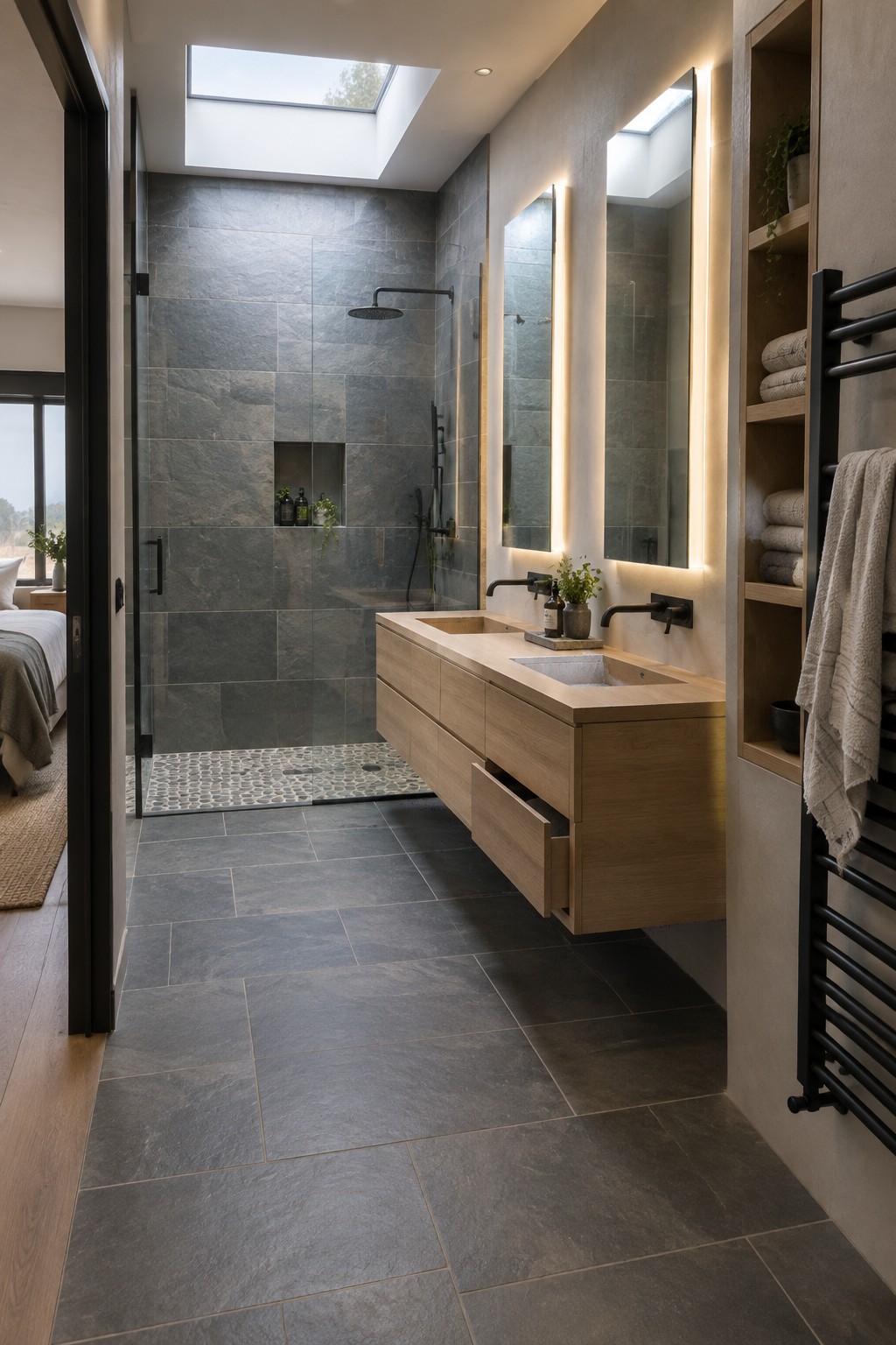 A modern open bathroom with a floating light wood vanity, two backlit mirrors, and a large gray tiled shower, connected by an open doorway to a bedroom.
