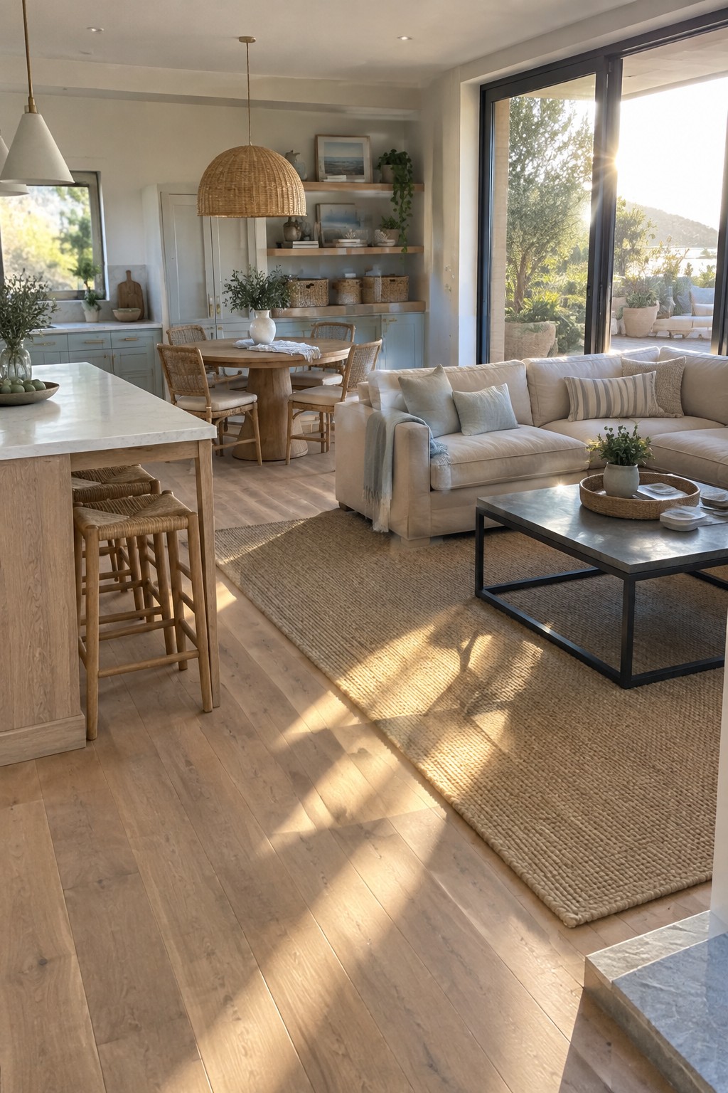 Bright open-concept interior with a kitchen island and bar stools, round wooden dining table, beige sofa, dark metal coffee table on a large woven rug, and sunlight through floor-to-ceiling glass doors.