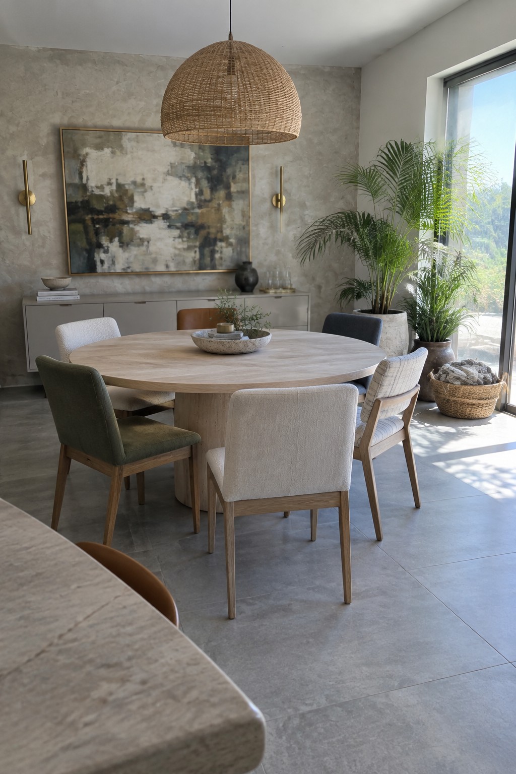 A spacious modern dining area with a round light wood table, mixed neutral upholstered chairs, a large woven pendant light, and abstract artwork on a textured wall.