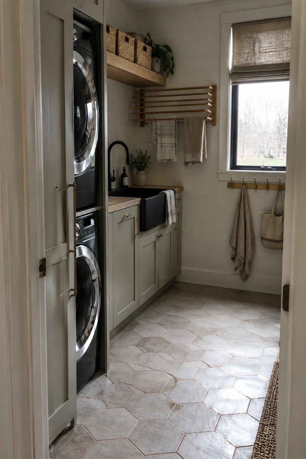 Interior view of a laundry room with stacked washer and dryer partially enclosed by light green cabinet doors, a black utility sink, wooden open shelving, and hexagonal tile floor.