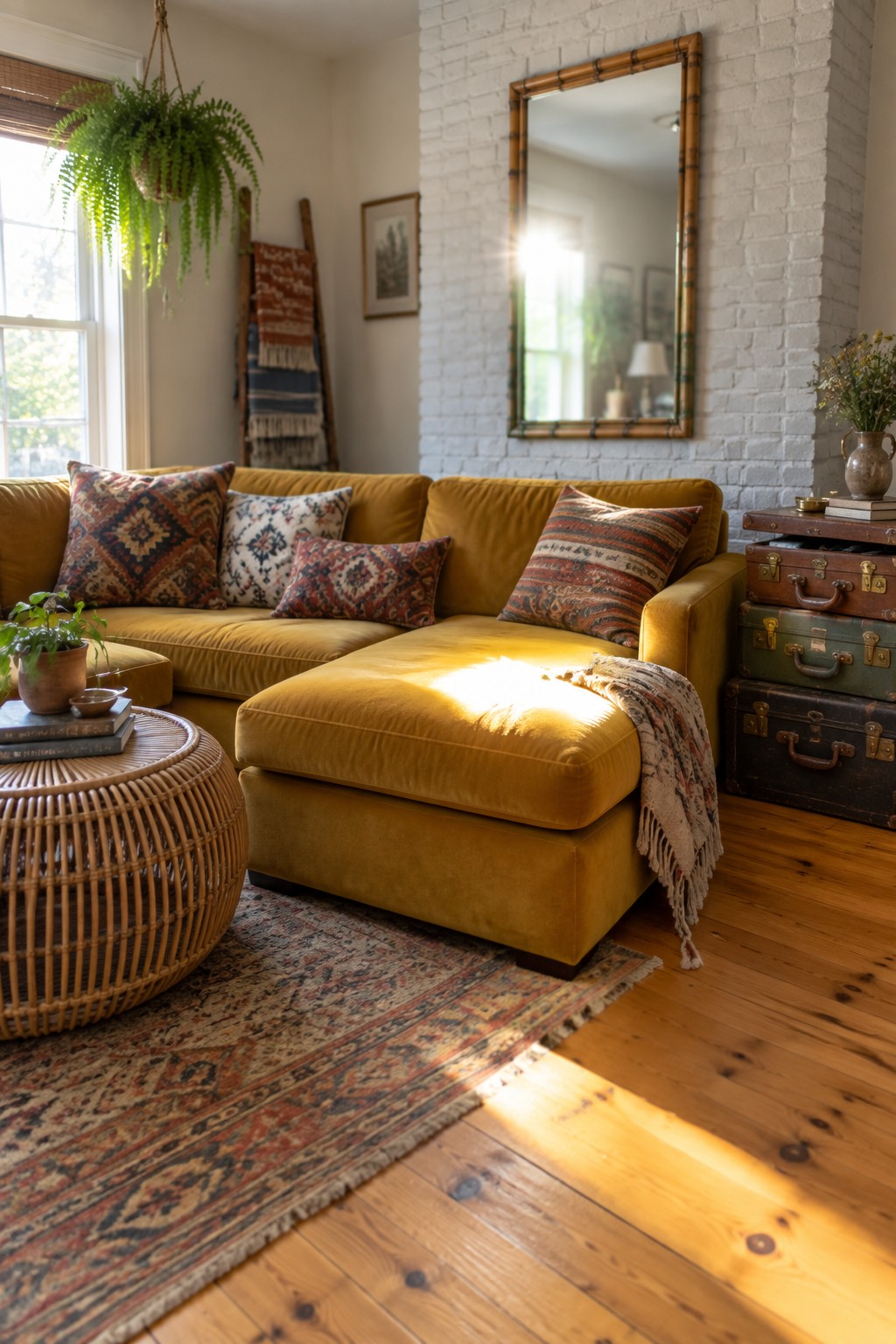 Sunlit mustard yellow sectional sofa with pillows, rattan table, and patterned rug in bohemian room