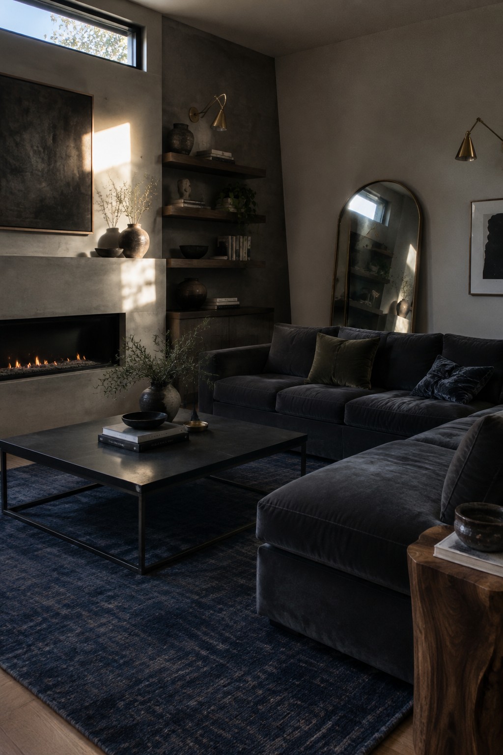 Modern living room with dark blue sectional sofa, black coffee table, and glowing fireplace.
