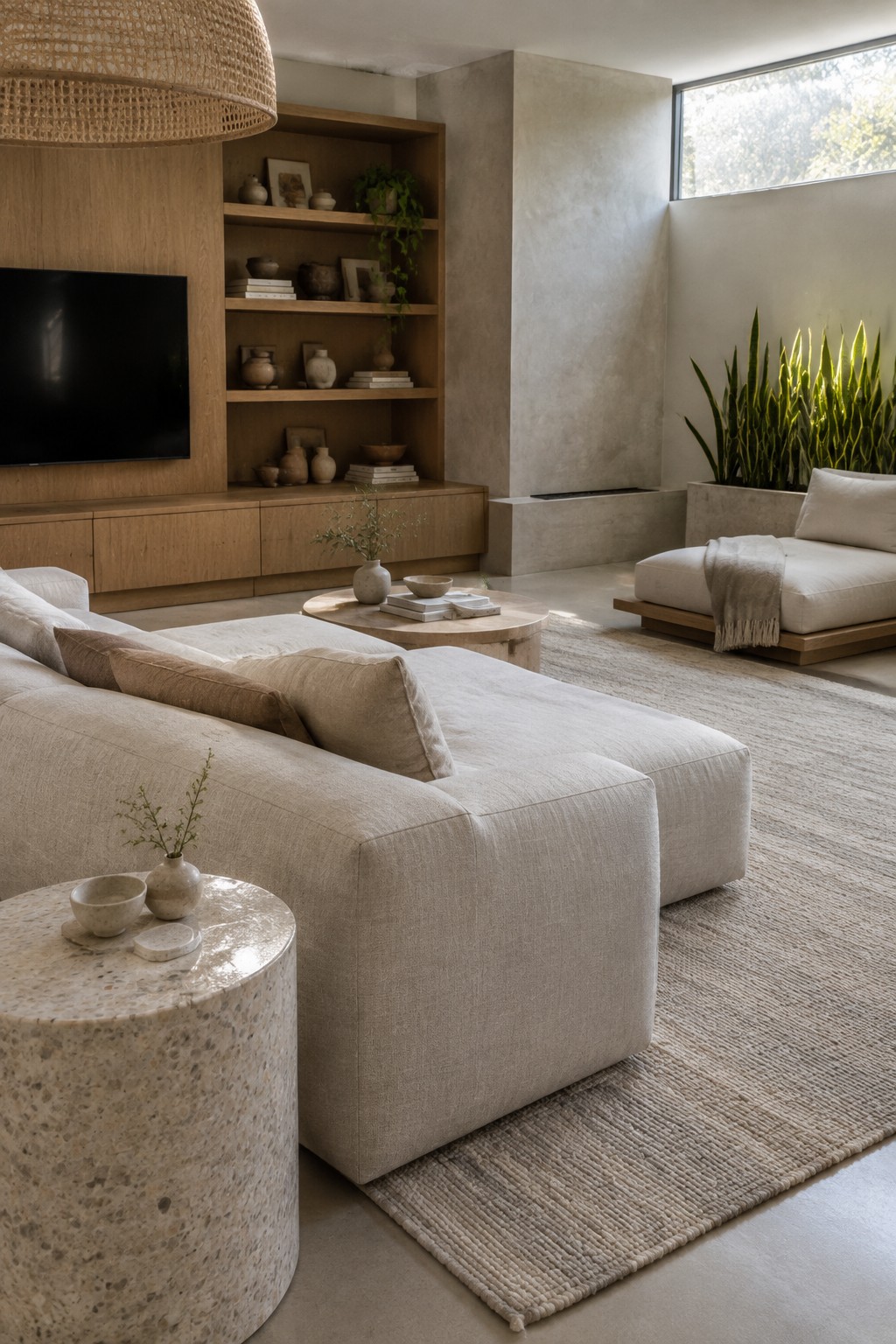 A modern living room with a large beige sectional sofa, round wooden coffee table, built-in light wood shelving unit, and a daybed near a tall window with green plants.
