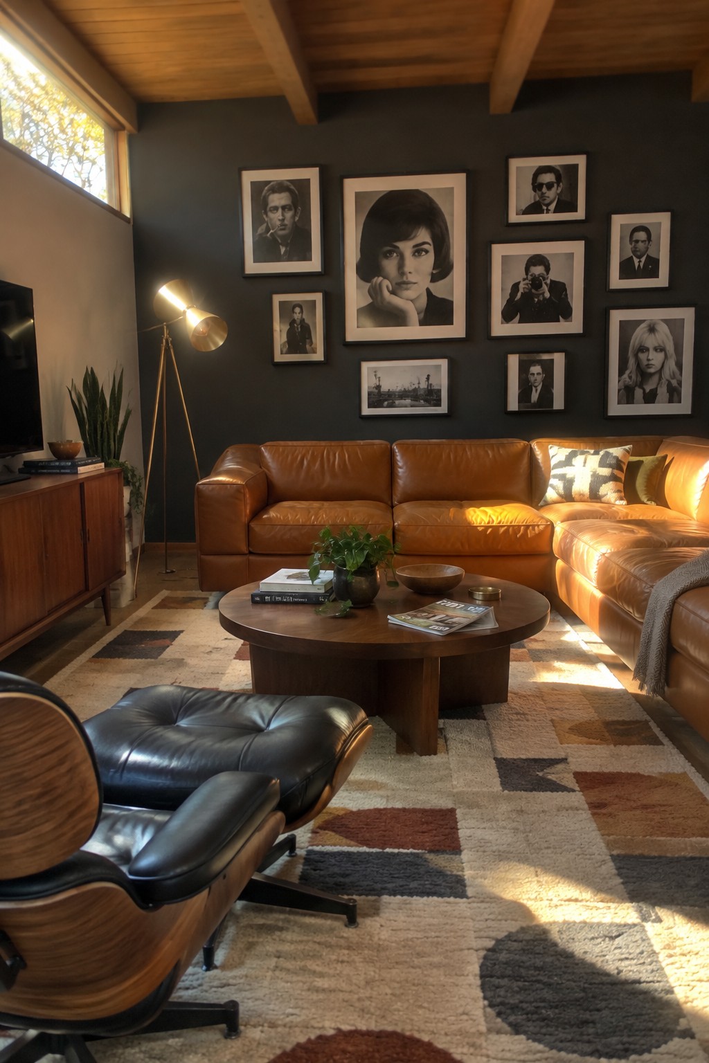 A living room featuring a large brown leather sectional sofa against a dark wall with a gallery of black and white photographs, a round wooden coffee table, and a black leather lounge chair on a patterned rug.
