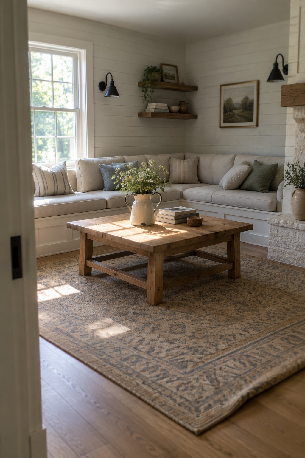 A living room corner with an L-shaped light fabric sectional along white paneled walls, a wooden coffee table on a large patterned rug, floating shelves above the sofa, and a window on the left.