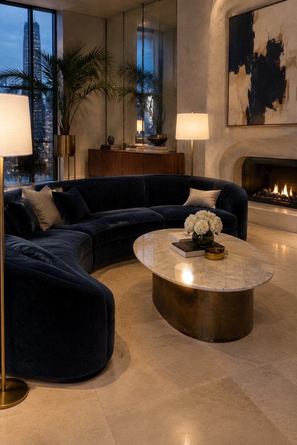 Curved navy velvet sofa, marble coffee table, and lit fireplace in modern living room