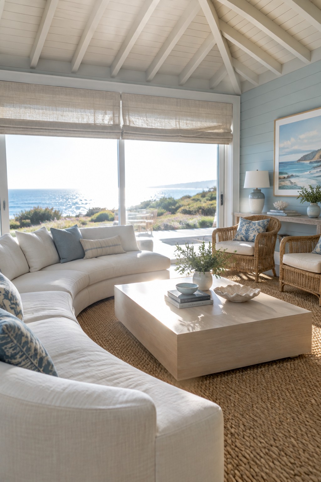 A living room with a large curved white sectional sofa facing floor-to-ceiling windows with an ocean view, a light wood coffee table, and woven rattan chairs.