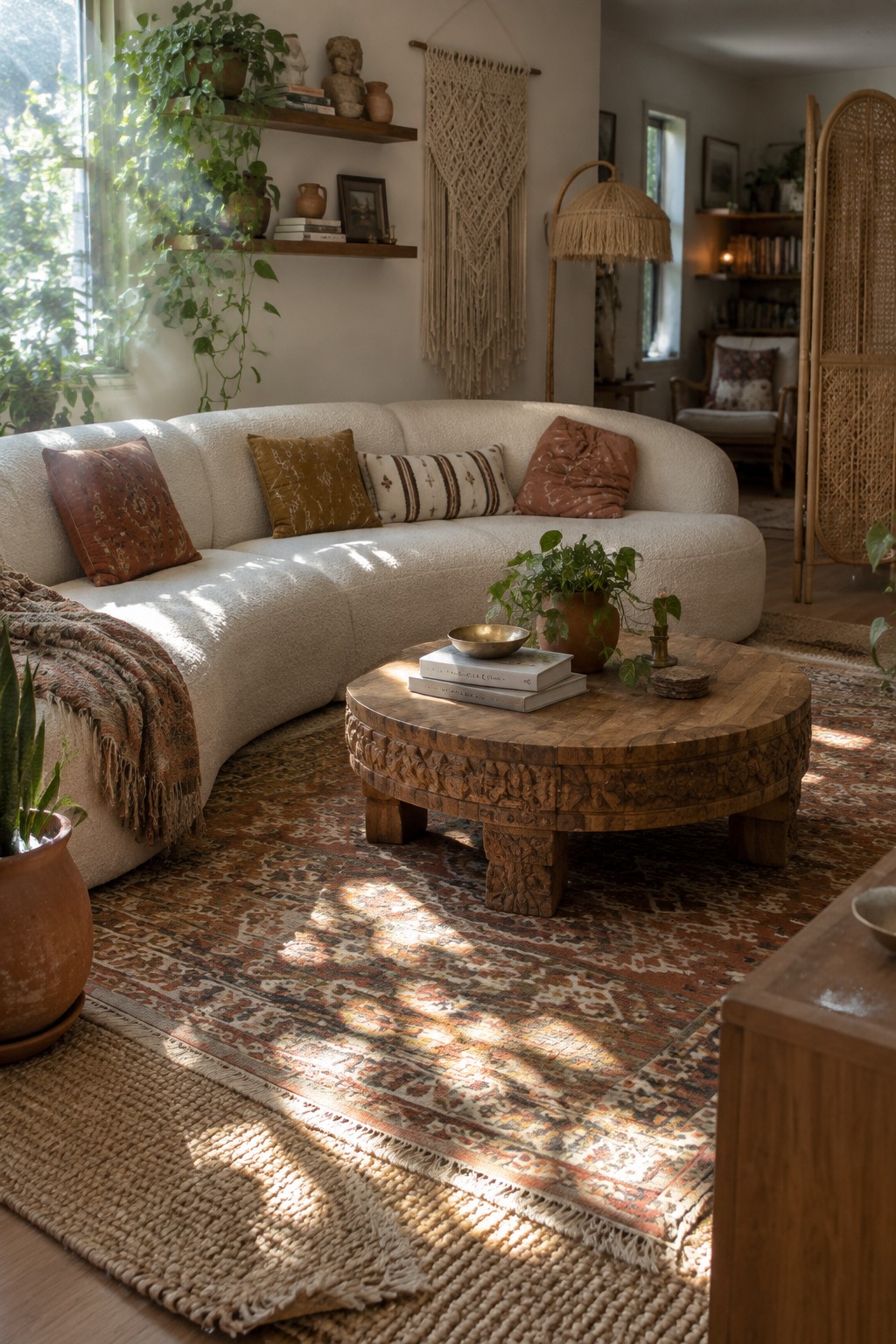 A living room with a large curved white sectional sofa, wooden coffee table on layered rugs, and houseplants near a sunny window.
