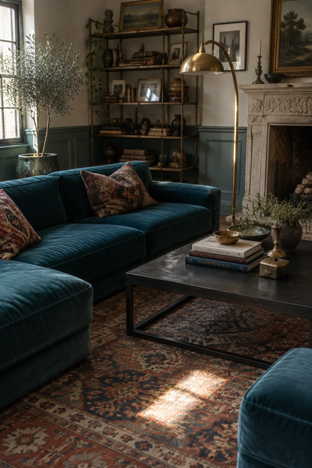 Teal velvet sofa with pillows on ornate rug in sunlit living room