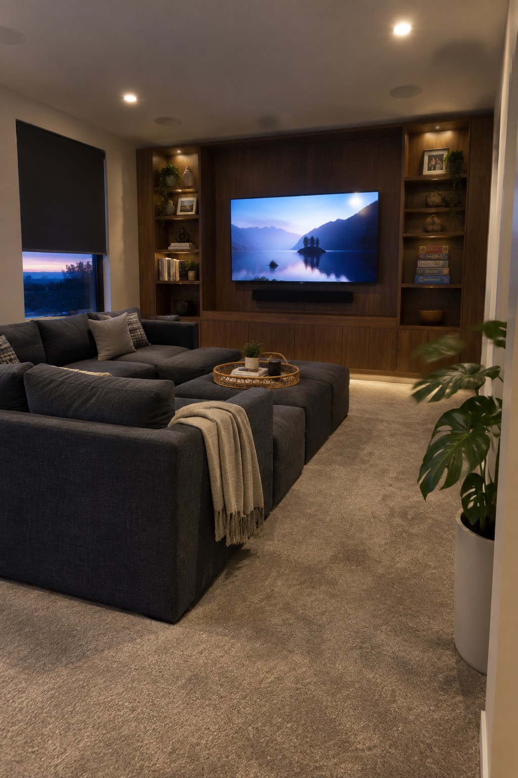 Living room with a large dark gray sectional sofa facing a flat screen TV mounted on a wood accent wall with built-in shelves on both sides.