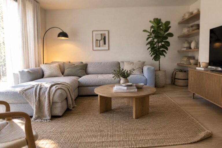 23 Beautiful Living Room Interiors Built Around Sectional Seating A light gray L-shaped sectional sofa sits on a woven jute rug with a round wooden coffee table in front and a large potted fiddle leaf fig plant nearby.