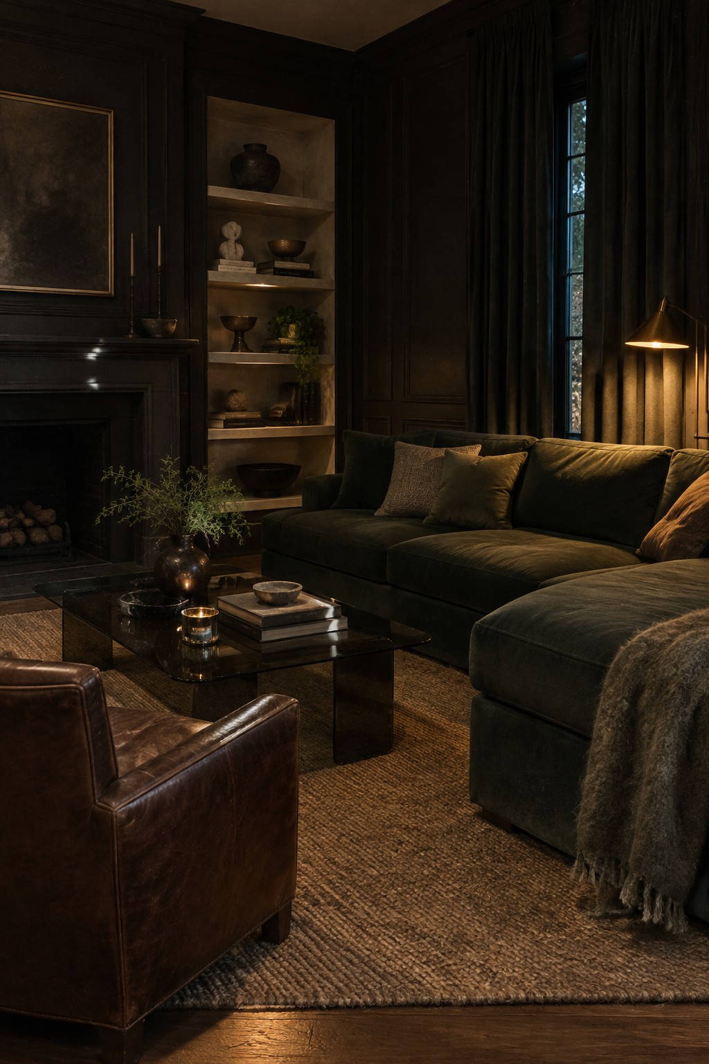 A dimly lit living room featuring a large dark green sectional sofa, a brown leather armchair in the foreground, a glass coffee table, built-in shelves with decor, and a fireplace on the left wall.
