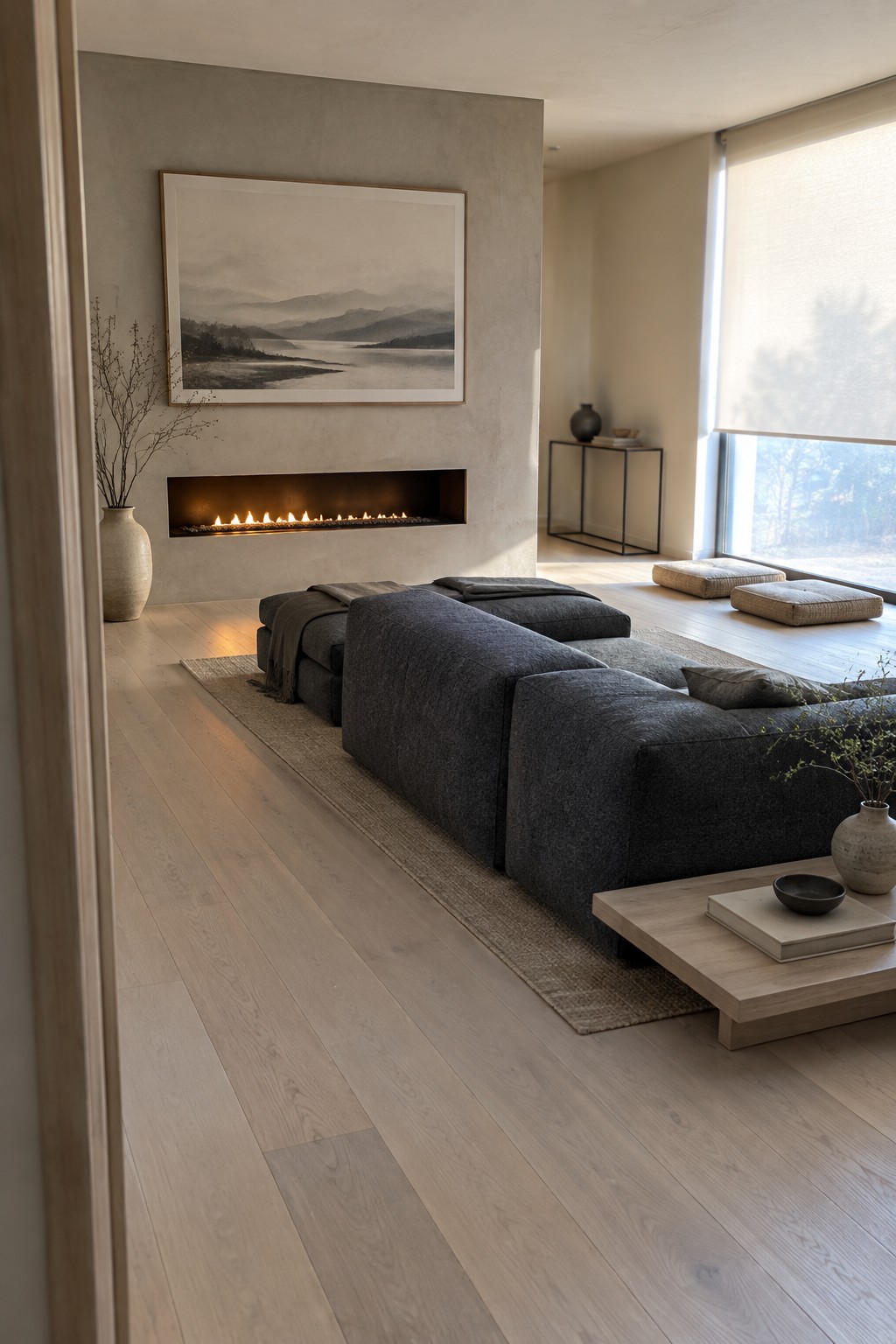 A modern living room with a large dark gray sectional sofa on a light rug in front of a linear fireplace, a framed landscape print above it, and a low wooden coffee table nearby.