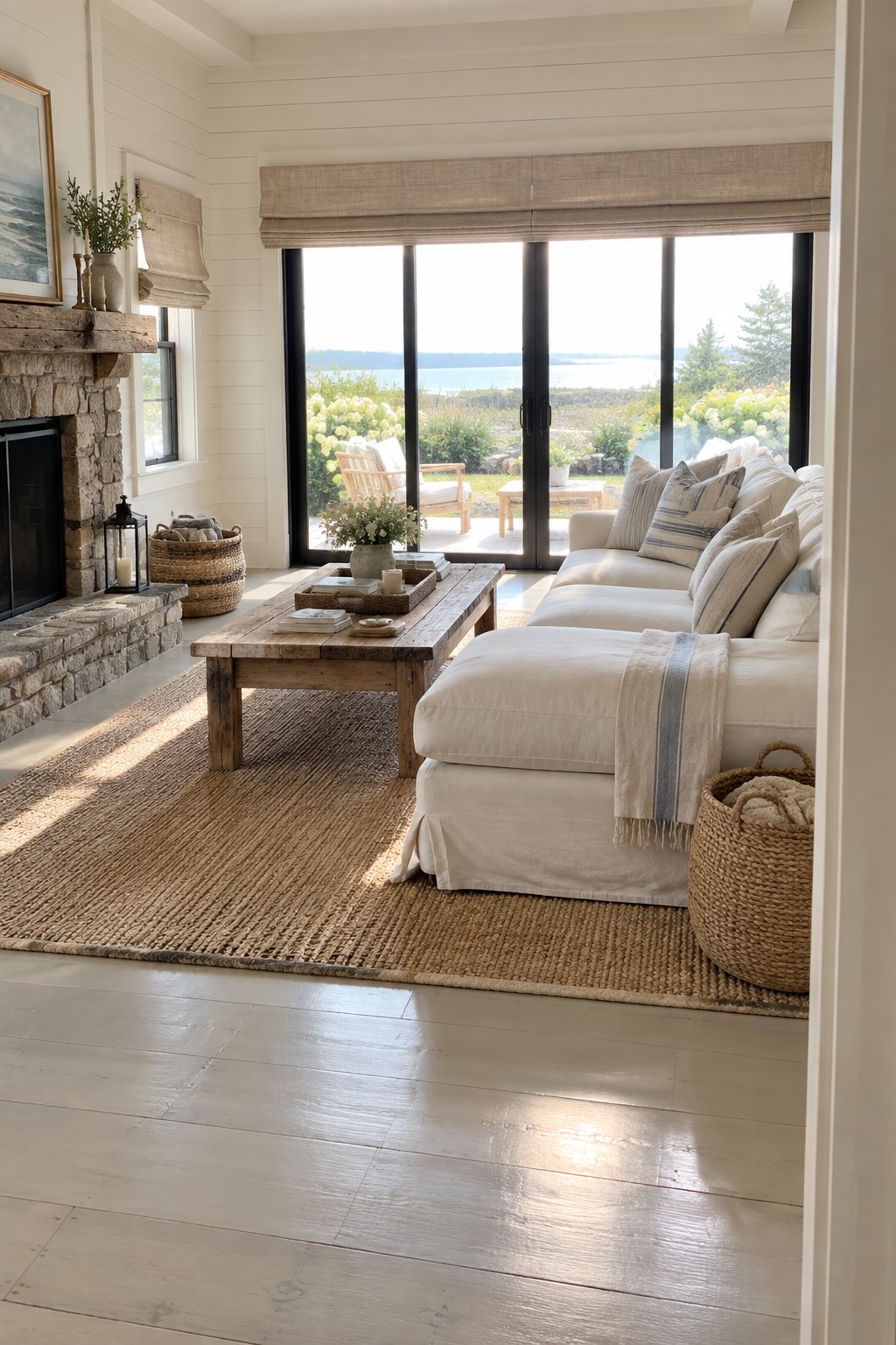 A living room with a large white sectional sofa, wooden coffee table on a jute rug, stone fireplace, and black-framed glass doors opening to a water view.