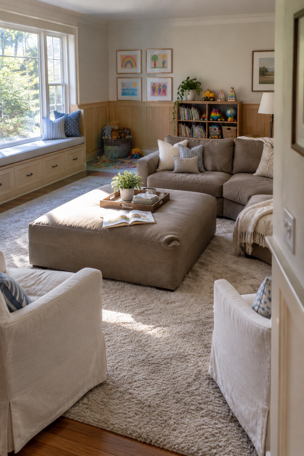Sunlit living room with taupe sectional, white armchairs, shaggy rug, and toy shelves.