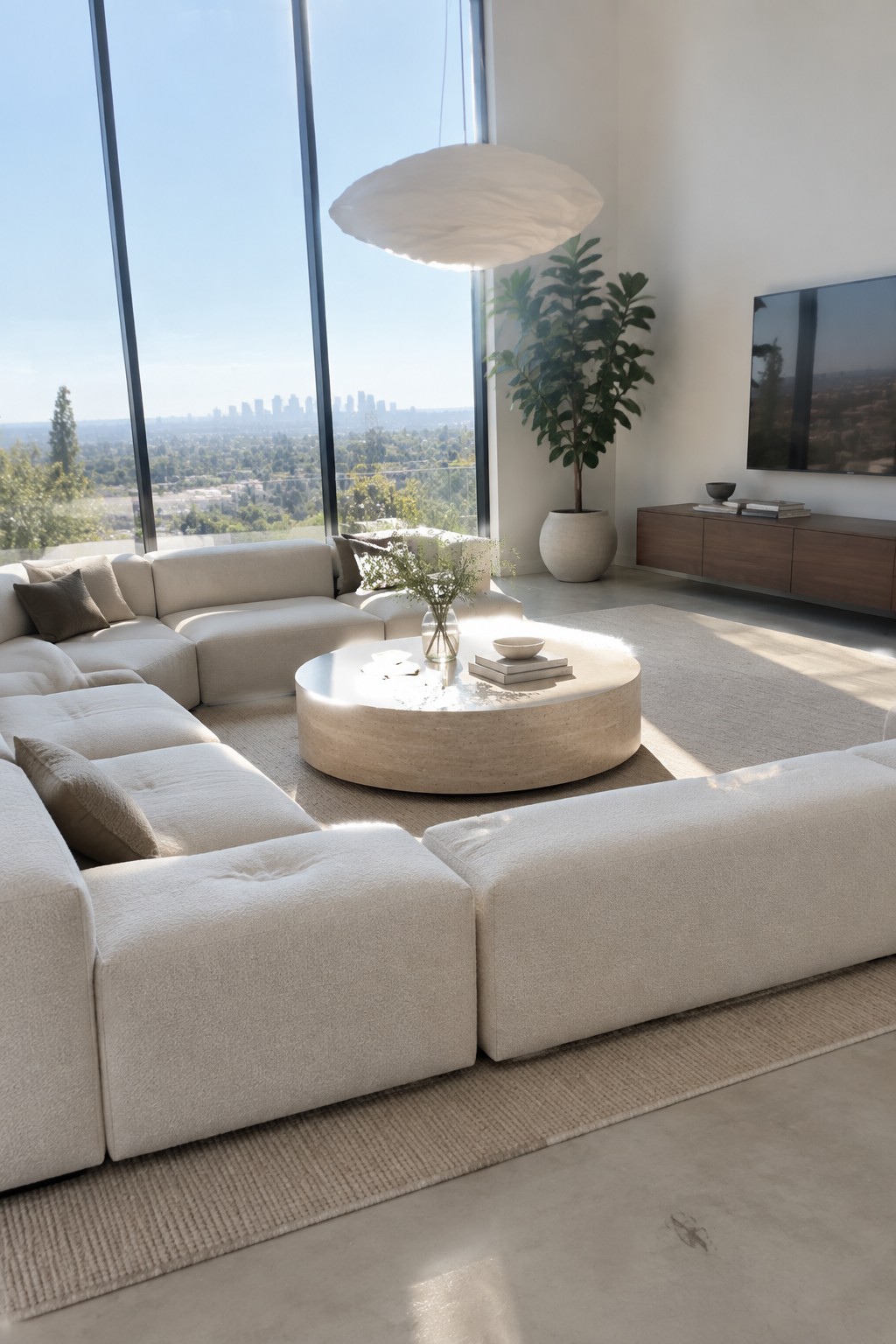 A spacious living room featuring a large off-white modular sectional sofa arranged around a round stone coffee table, with floor-to-ceiling windows showing a distant city skyline and a potted plant near a wall-mounted television.