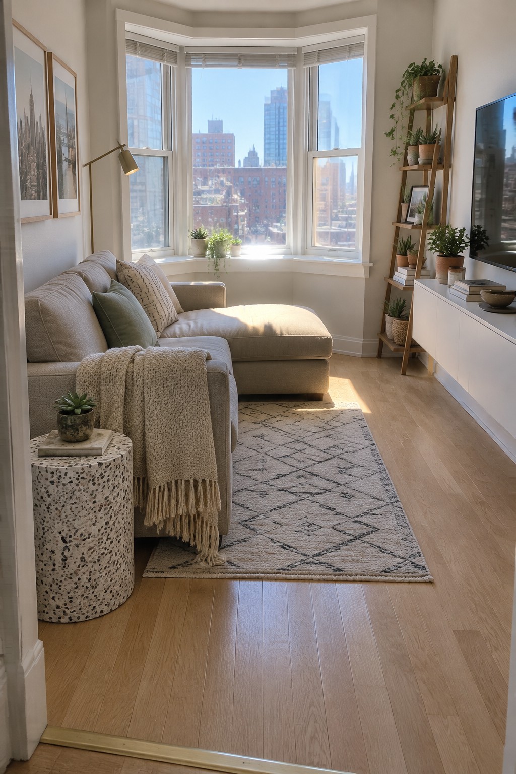 A living room with a beige sectional sofa in an L shape positioned in a bay window, a light geometric rug on hardwood floors, and a tall wooden plant shelf beside a white media console.