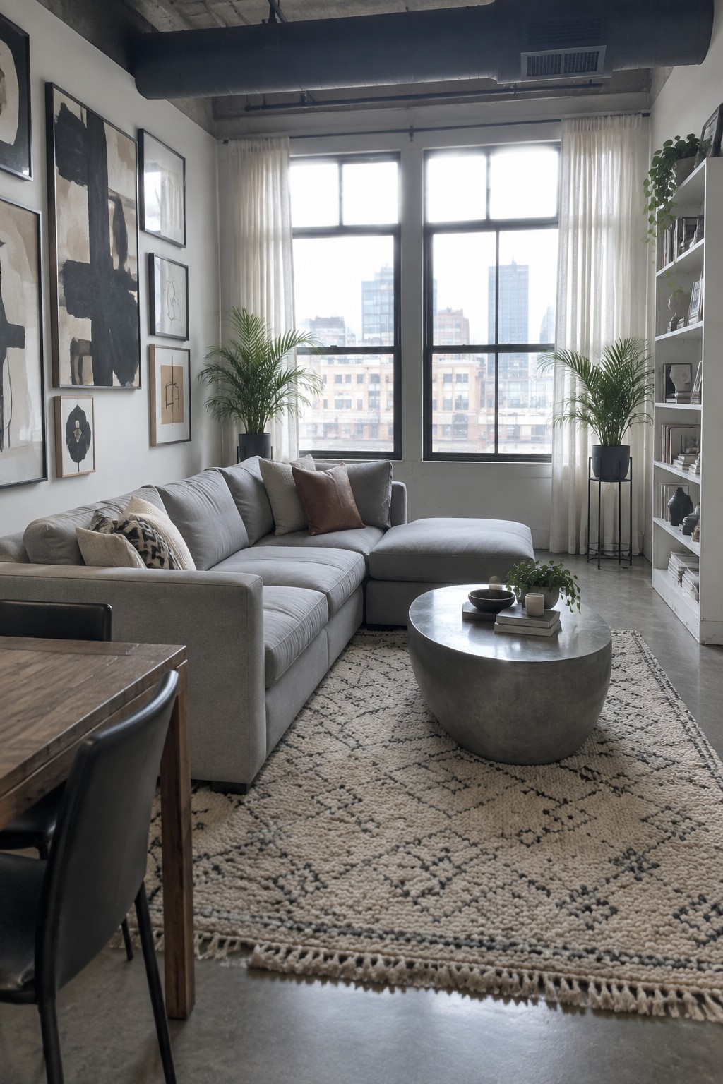 A spacious living room with a large gray sectional sofa arranged around a round concrete coffee table on a patterned rug in front of tall windows.