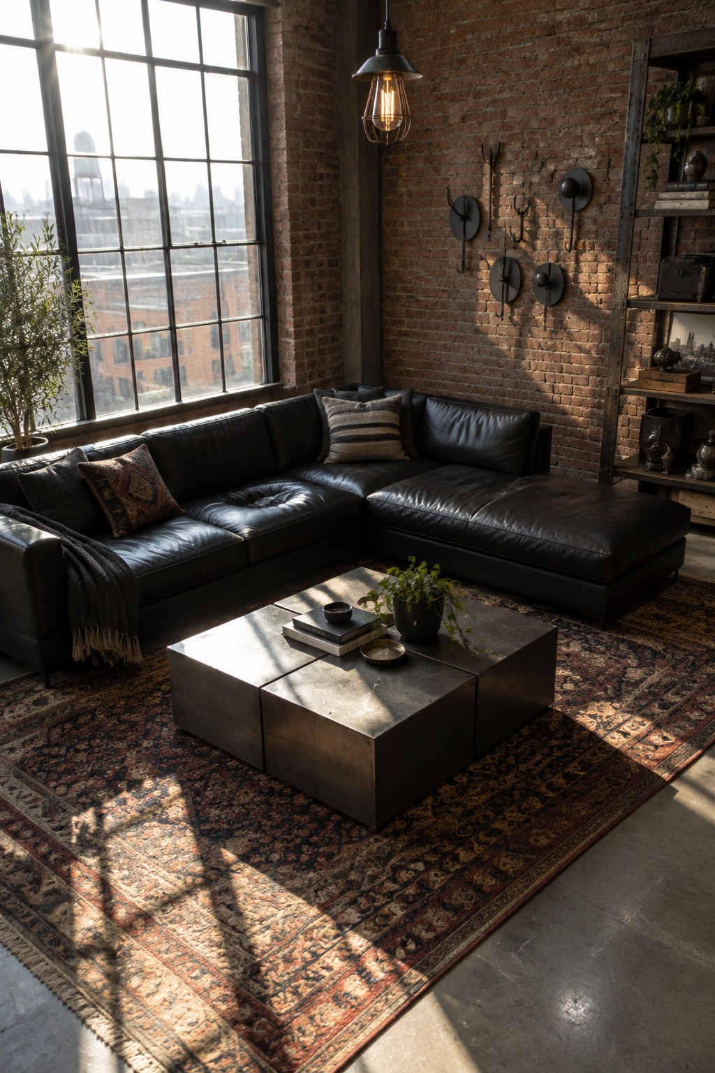 A large black leather sectional sofa in an industrial living room with exposed brick walls, a multi-paned window, metal coffee table, and patterned rug.