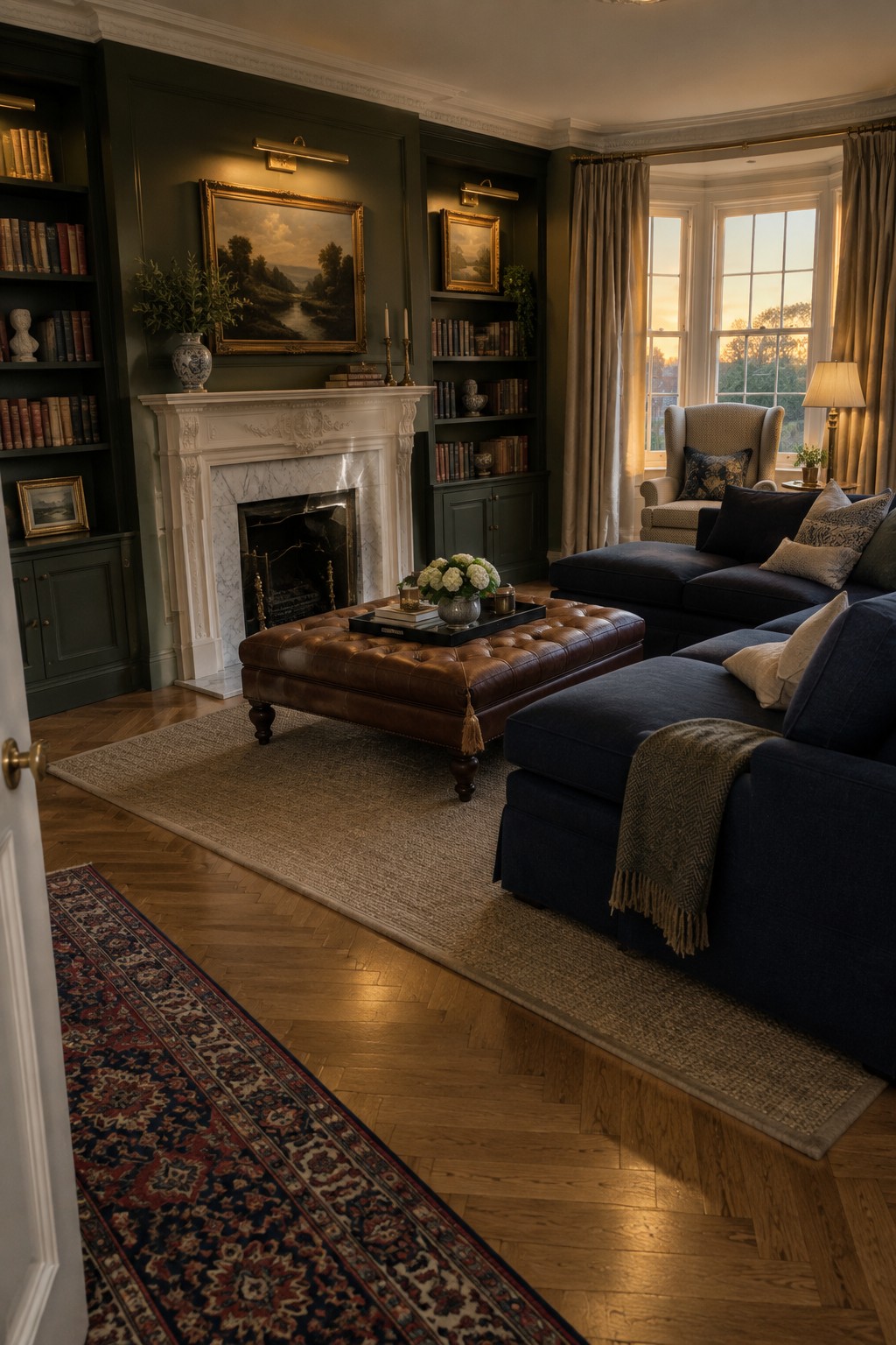 Elegant living room with navy sofa, brown leather ottoman, fireplace, bookshelves, and sunset window view