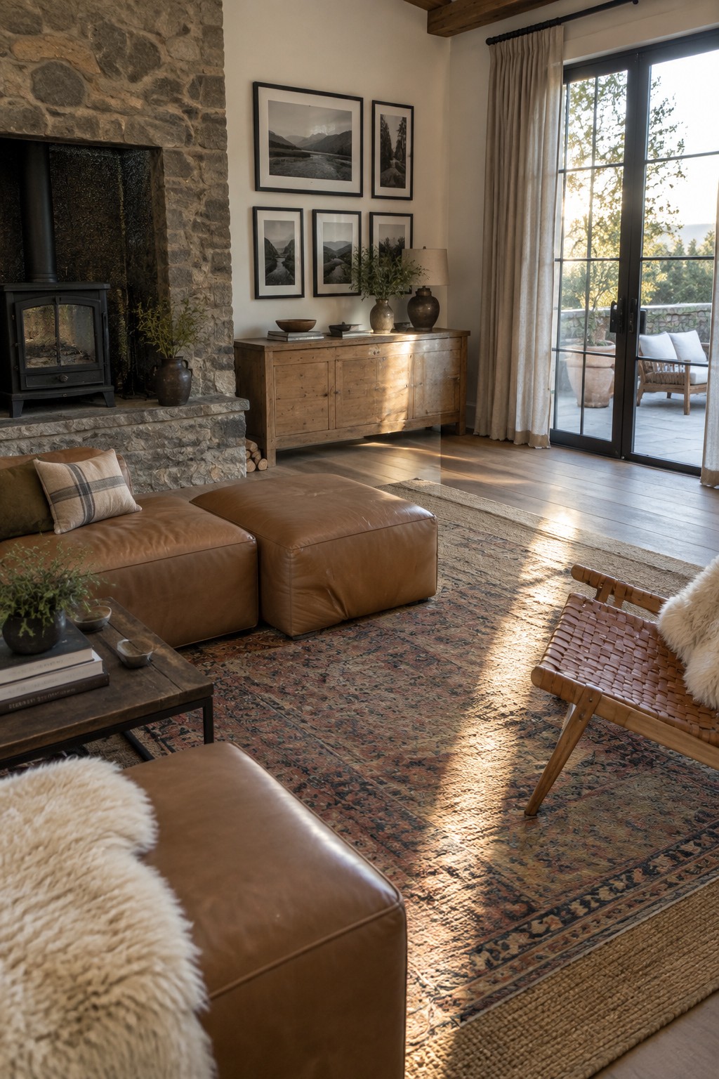 A living room with a large brown leather sectional sofa and ottoman on a patterned rug, a stone fireplace to the left, a wooden sideboard against the back wall, and glass doors on the right.