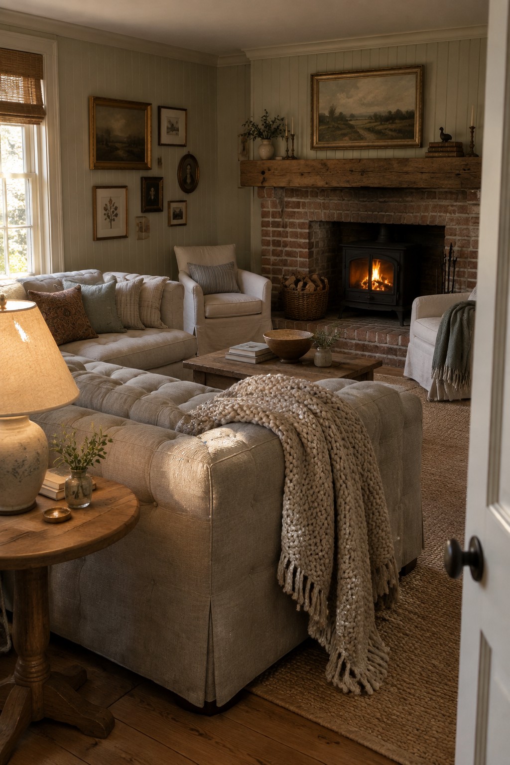 A living room featuring a large beige tufted sectional sofa with a chunky knit throw, positioned across from a brick fireplace with a lit wood stove, wooden coffee table, and gallery wall.