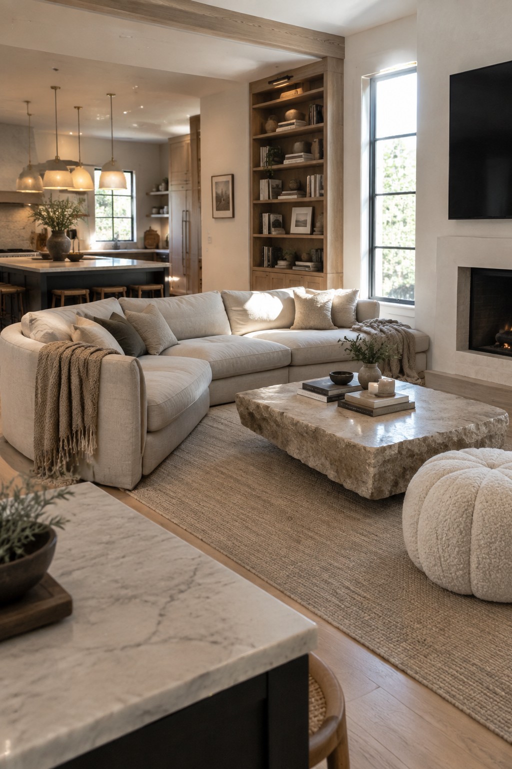 A large neutral sectional sofa in a bright living room with a stone coffee table, built-in bookshelves, a fireplace, and an open view to a kitchen with pendant lights.