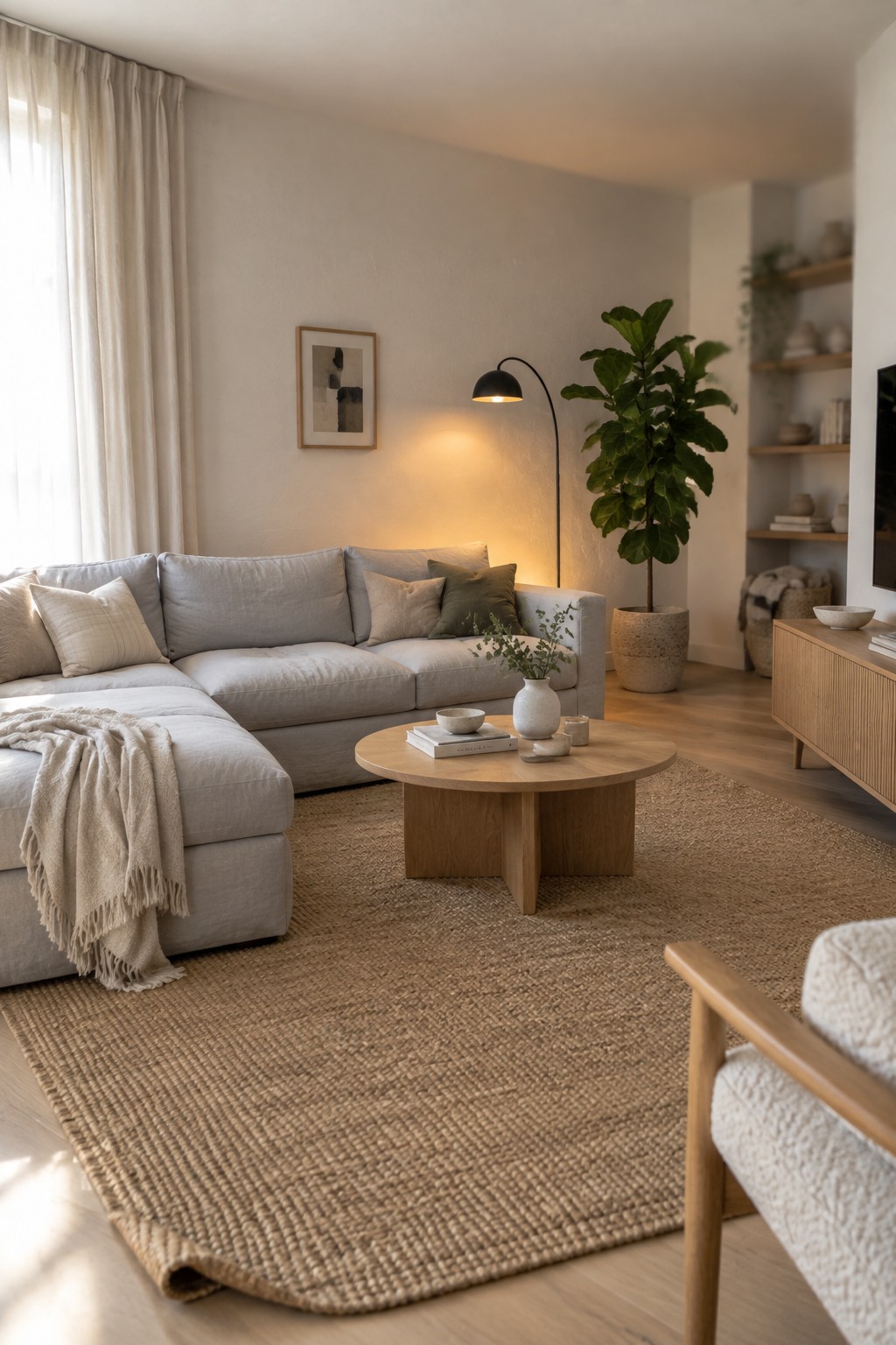 A light gray L-shaped sectional sofa sits on a woven jute rug with a round wooden coffee table in front and a large potted fiddle leaf fig plant nearby.
