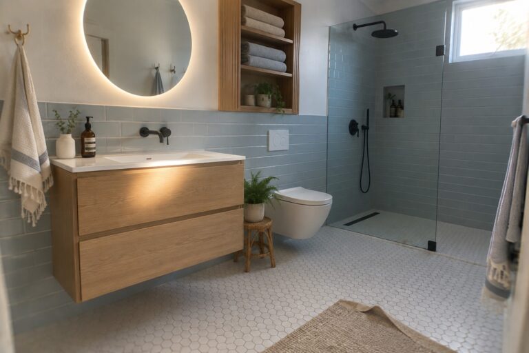 23 Brilliant Small Bathroom Ideas Using Wall-Mounted Fixtures A small modern bathroom with a floating oak vanity, wall-mounted white toilet, light blue wall tiles, white hexagonal floor tiles, and a glass-enclosed shower.