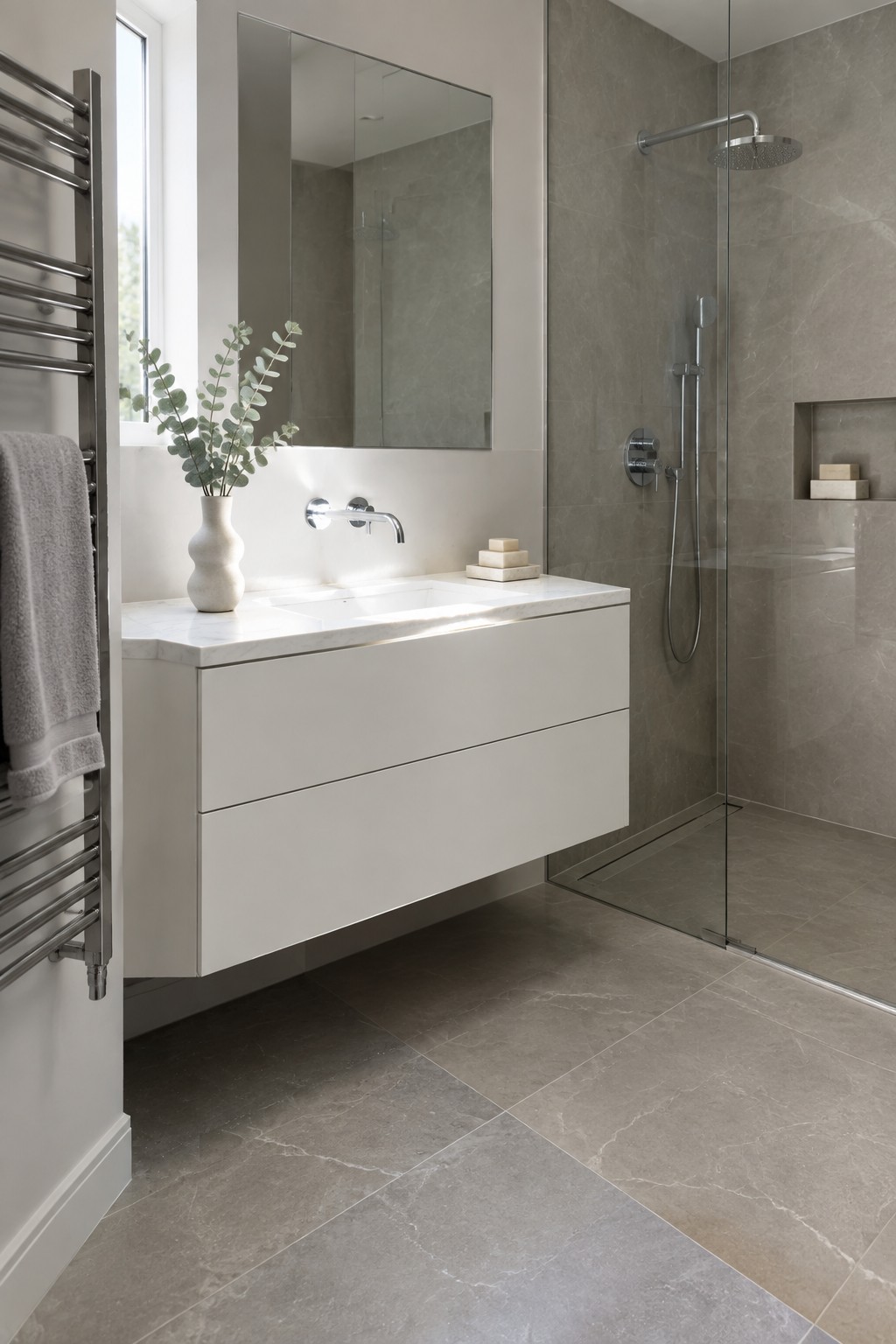 A modern bathroom featuring a wall-mounted white floating vanity with a marble top, a chrome faucet, and a glass-enclosed shower on gray tiled flooring.