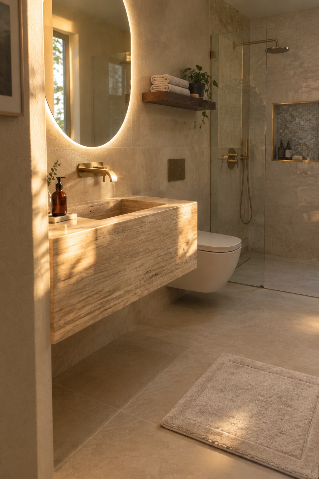 A bathroom featuring a floating stone vanity with integrated sink, wall-mounted brass faucet, wall-hung toilet, and glass shower enclosure on beige tiled walls.