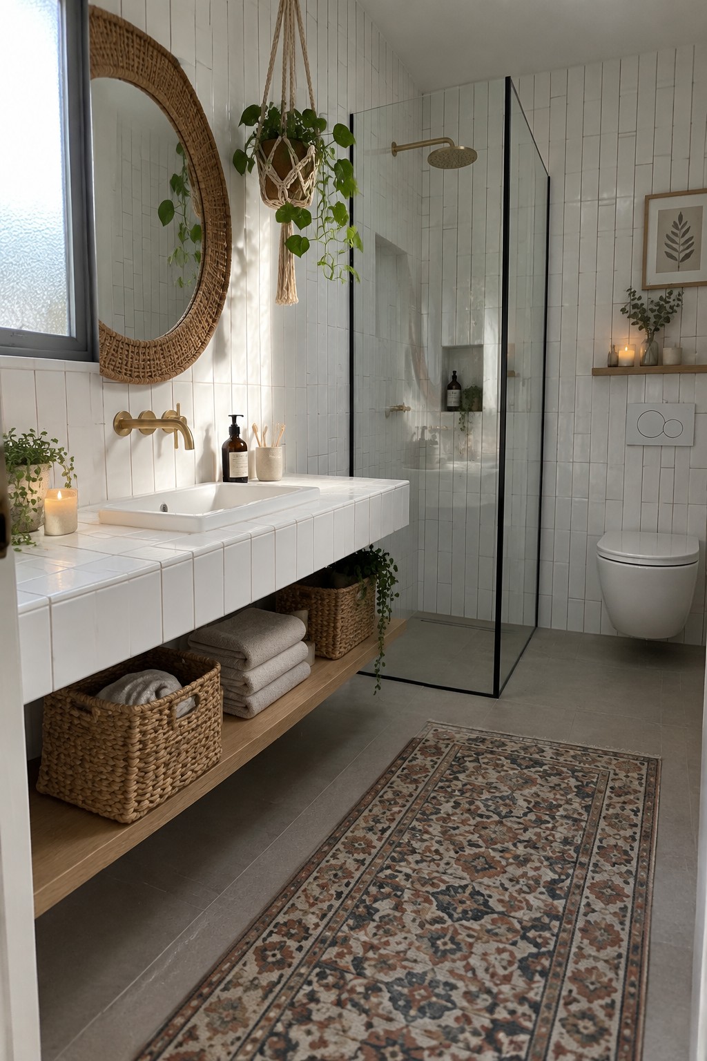 A modern small bathroom featuring a floating white vanity with a wall-mounted faucet, a wall-hung toilet, white subway tile walls, and a glass shower enclosure.