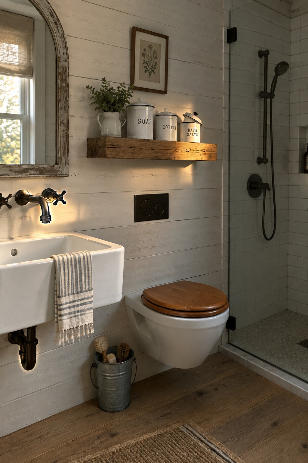 A small bathroom with a wall-mounted white toilet, a wall-hung sink with exposed plumbing, a floating wood shelf, and white shiplap walls.