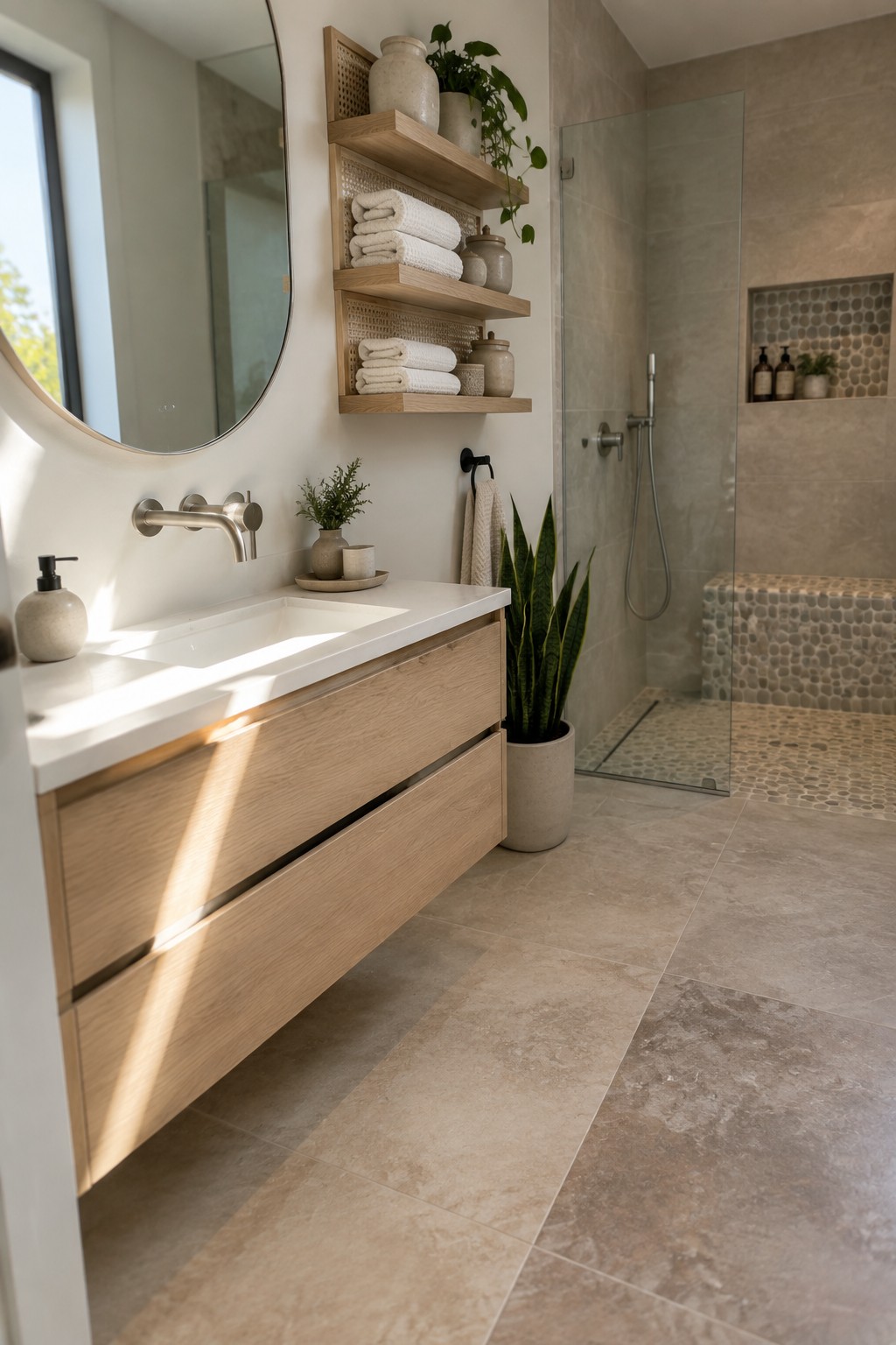 Modern bathroom with floating oak vanity, white sink, round mirror, and pebble-tiled shower