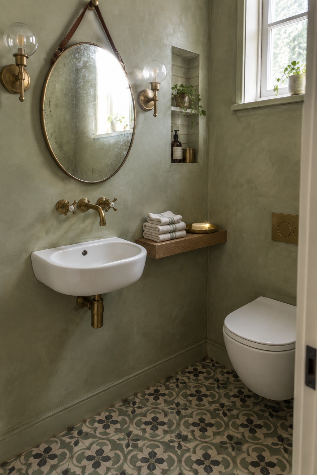 A small bathroom with sage green walls showing a wall-mounted white sink with exposed brass pipes, a round mirror above it, a floating wooden shelf with towels, a wall-mounted toilet, and patterned floor tiles.