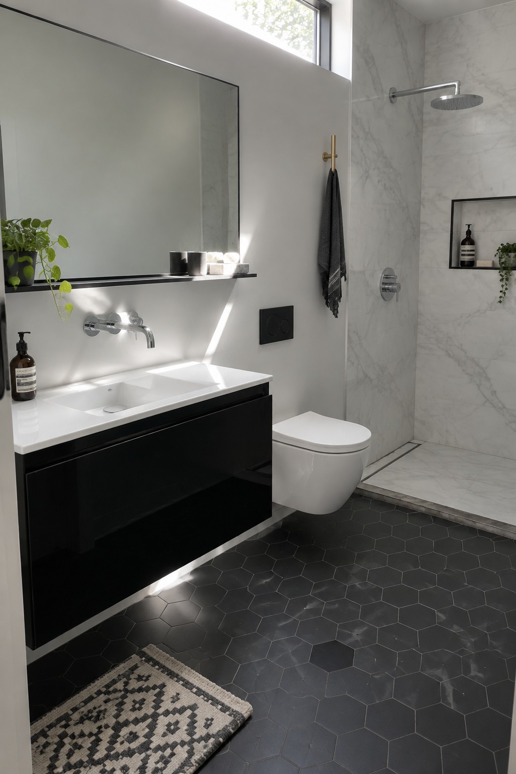 A modern bathroom featuring a floating black vanity with integrated white sink, a wall-mounted white toilet, dark hexagonal floor tiles, and a marble-tiled shower area.
