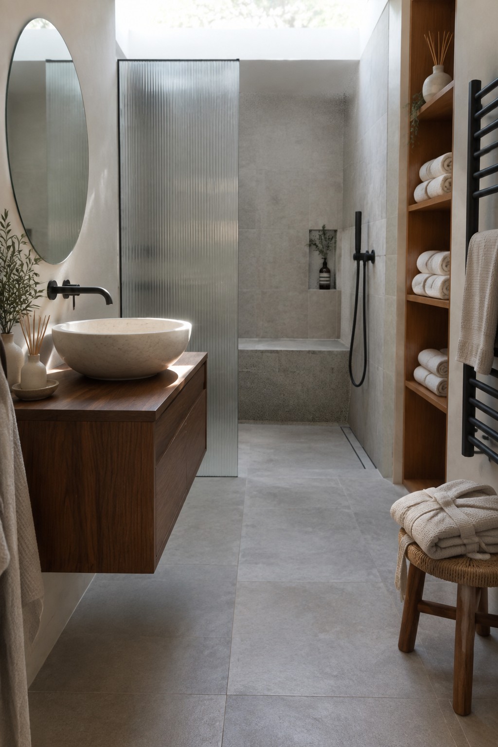 A modern bathroom with a floating wooden vanity, round stone vessel sink, wall-mounted black faucet, circular mirror, and a glass-enclosed shower with built-in niche.